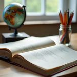 Secretária com livros ilustrados, lápis de cor e um globo