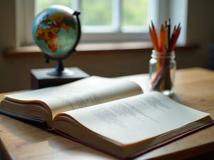 Secretária com livros ilustrados, lápis de cor e um globo