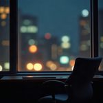 Janela de um escritório à noite, vista de dentro