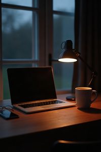 Secretária ao fim do dia, com um candeeiro aceso