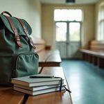 Mochila e cadernos num banco de escola