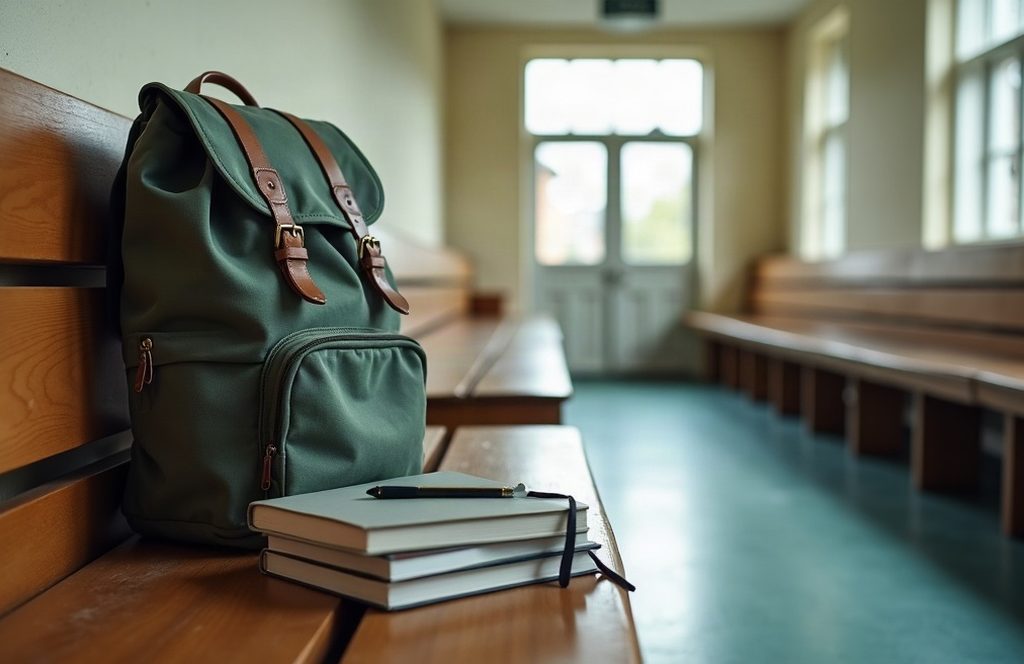 Mochila e cadernos num banco de escola